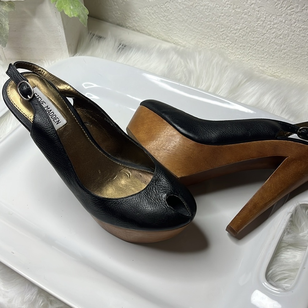 Stylish Black Leather& Wood Platform  Slingback Heels - Picture 12 of 12